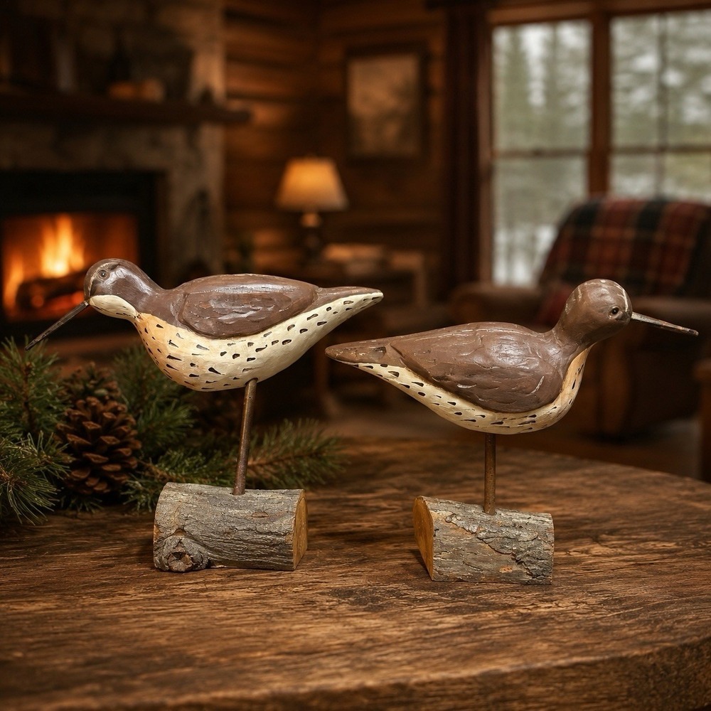 Vintage Hand Carved Snipe Bird Decoy Pair Signed‎ Numbered Folk Art Rustic Decor